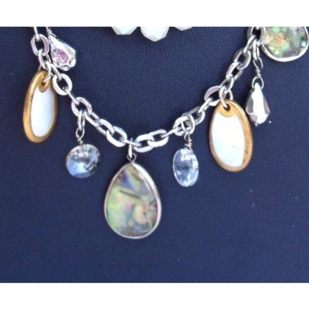 Ann Taylor Loft Silver Tone Multistrand Necklace w/ Faux Labradorite MOP & Cryst - Picture 2 of 5
